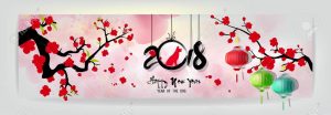 Set Banner Happy new year 2018 greeting card and chinese new year of the dog, Cherry blossom background